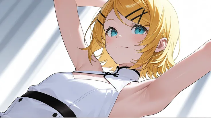 1 person、 flat chest、Kagamine Rin、 show armpits 、Black and white outfit、Shy face、 about the pantry、