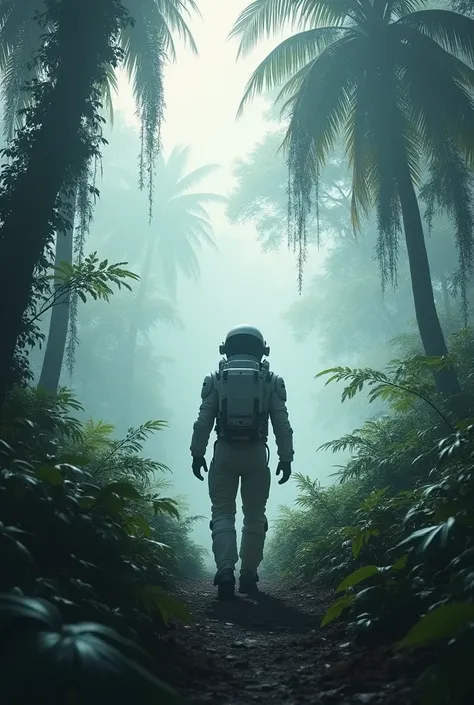 Astronaut in a jungle, cold color palette, muted colors, detailed