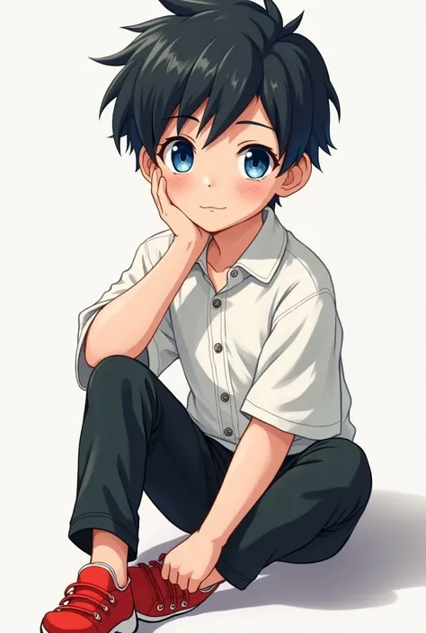 Prompts
A black-haired boy with blue eyes , loose white shirt and comfortable black pants with red shoes Anime