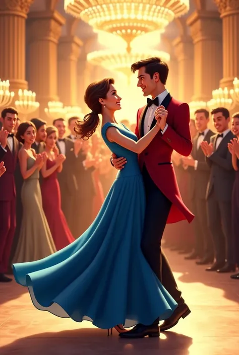 A ballroom filled with toms of people, in the middle of it are dancing a woman in a blue dress and a worried face and a man with a red suit and a smile on his face. Everyone is smiling.