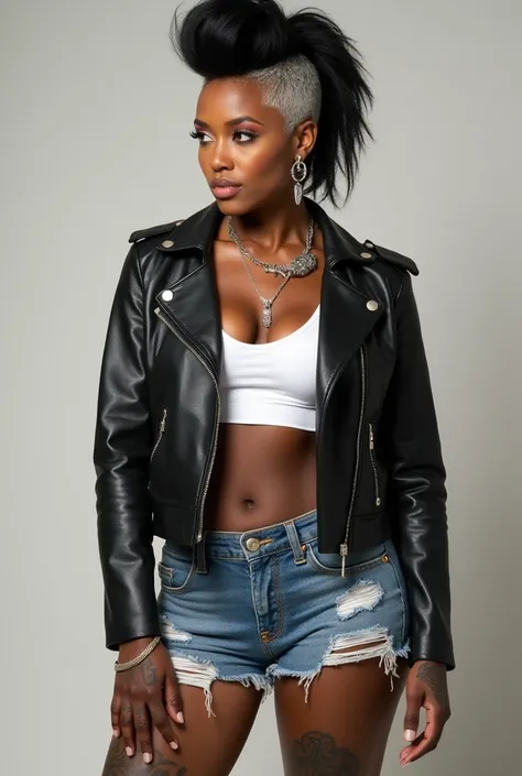 A powerful athletic african woman with a black mohawk featuring white highlights, clad in a white cutout crop top, black biker jacket, ripped denim shorts. Adorned with full body tattoos, medium breasts, and large booty.