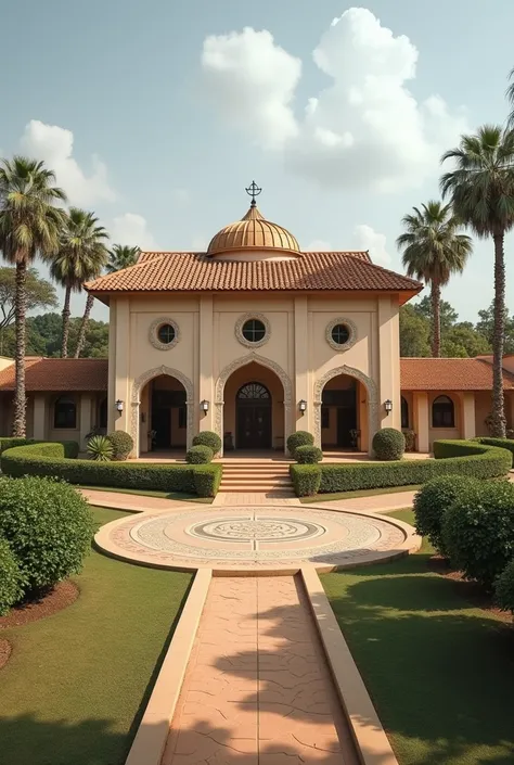 Créer une image captivante du complexe Adja Binta Thiaw,  specializing in Quran teaching and Islamic education.  The complex includes a Koranic school ,  an elementary and middle school building , and a high school  