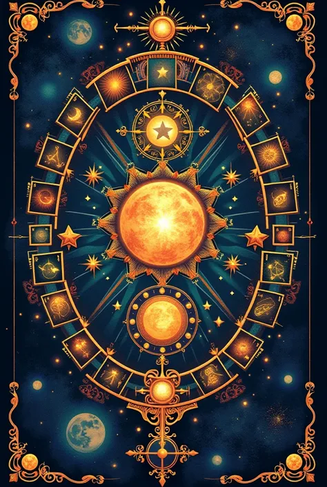 Create an image with astrological symbols ,  Tarot and numerology to be a flashy image for predictions for the coming year