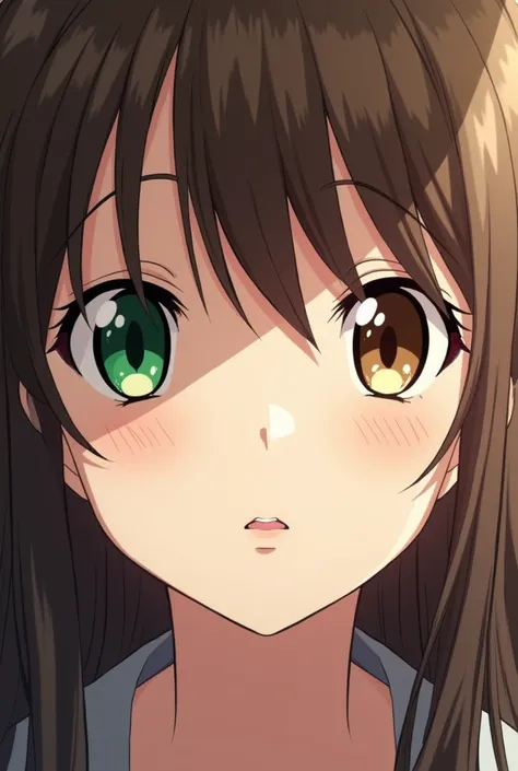 une photo manga animer ,fille , One green eye and one brown eye , long brown hair with bangs , haut du corps apparent, Tete entiere