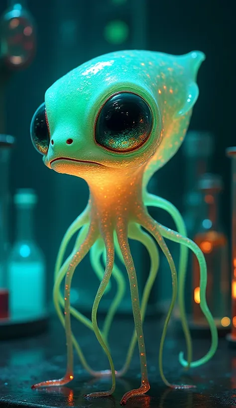 " Draw Gloopzorp with a hyper-realistic appearance , } looking like an alien creature that could be discovered in a laboratory Secret .  Gloopzorp has a translucent gelatinous shape ,  reflecting bioluminescent lights in shades of neon green , orange and b...