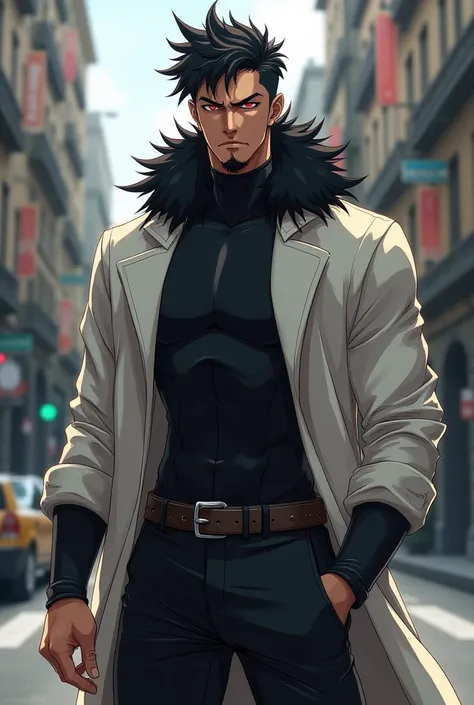 Anime, male , trimmed hair , messy hair , goatee , black fur , Bright red eyes , Tanned skin , adult male , serious expression , standing on the sidewalk , Black compression shirt , white trench coat