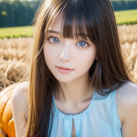 ( close-up:1.2)、(RAW shooting:1.2)、( Photorealistic :1.4)、(masterpiece:1.3)、( top quality :1.4)、Bright expression、 VERY BEAUTIFUL GIRL 、 in a pumpkin field haystacks 、Pretty and beautiful face down to the last detail 、Beautiful Bangs、 radiant white skin、Fa...