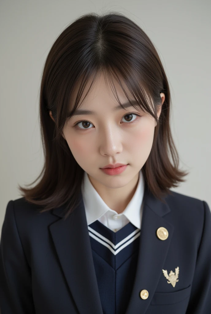 realistic girl with shoulder-length dark brown hair with dark brown eyes and in a student uniform