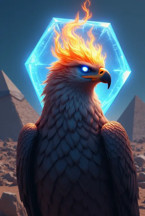 The image of an eagle  . A blue eye shining with fire on its head is a crown of fire . behind it are the pyramids and a blue hexagonal jewel.