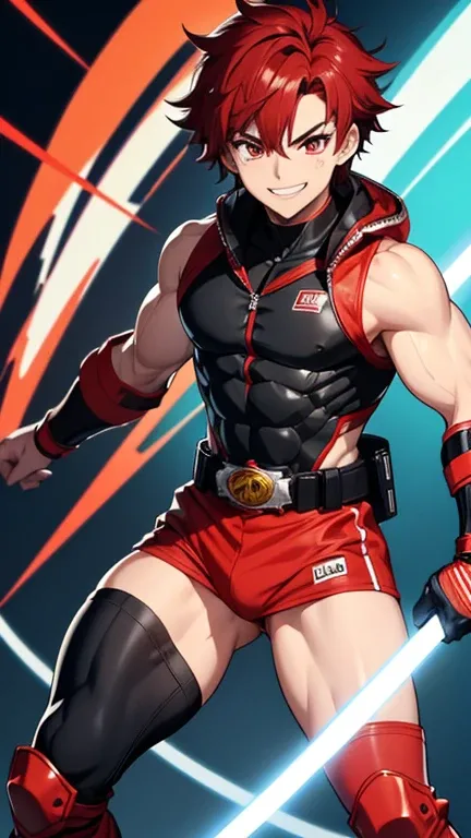 Shota、racer、 character design with a flame motif、Red and black 、 colorful hair color、 medium hair with a sense of hair 、Red eyes、 flashy belt with large buckles 、male、Sentai Hero、whole body、 Cyber、HYPER BIG BULGE, Dynamic pose、 smile expression、A costume t...