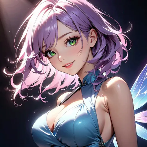 A fairy with light purple hair, green eyes, wearing a light blue dress, large breasts, 
 Beautiful and sophisticated eyes, Beautifully detailed lips, Very detailedな目と顔, Long eyelashes, Natural Makeup, smile, Random Pause, Cowboy Shot, high detail, High ima...