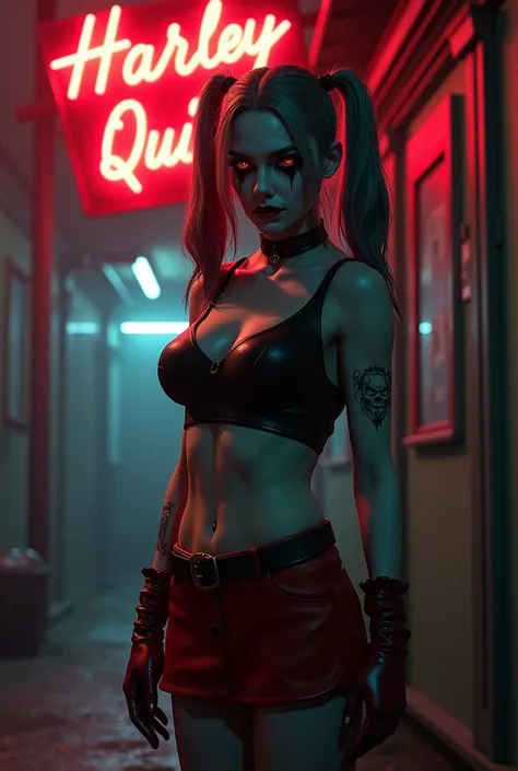 Harley Quinn black pigtails red eyes wearing red Mini skirt evil horror background hotel neon sign text Harley Quinn Motel amazing detail realistic 3D real character style extremely detailed 