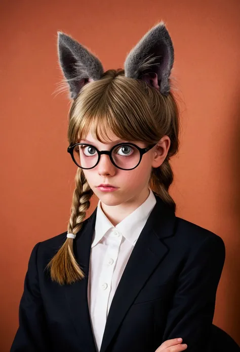 A cat eared girl (age 14, professional bearing, business suit, business hairdo, oversized eyes, struggling to remain calm), she is at a business meeting trying to give a presentation but someone is shining a red dot on the wall.
