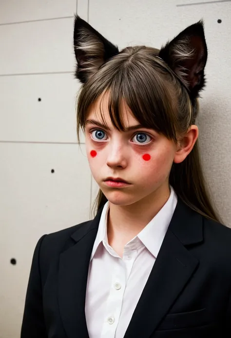 A cat eared girl (age 14, professional bearing, business suit, business hairdo, oversized eyes, struggling to remain calm), she is at a business meeting trying to give a presentation but someone is shining a red dot on the wall.
