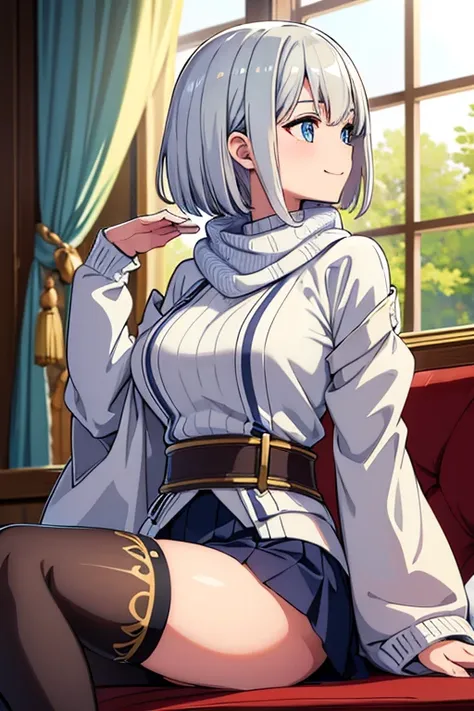 (insanely detailed,best quality,ultra detailed,:1.2),CG,a beautiful and Japanese Lady,Silky hair,Glory Silver Hair,Diagonal Bangs,Wavy Bob,Fine Eyebrows,Shiny Eyes,Cute Eyes,Double Eyelid,Twinkling Light Blue Eyes,Smile,Profile Stand,Large Breasts,Glamorou...