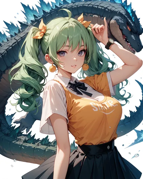 chica estilo anime,  Green hair with 2 pigtails , Breasts 34C, With Godzillas tail, holding a watch with both hands,  white background