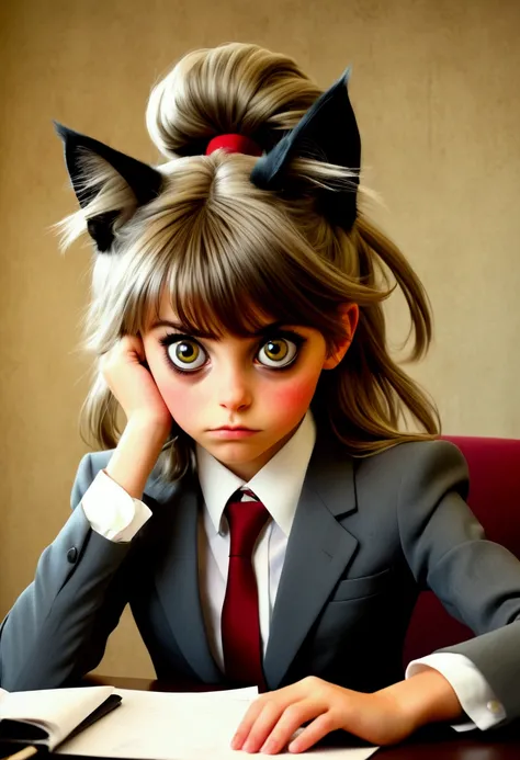 A cat eared girl (age 14, professional bearing, business suit, business hairdo, oversized eyes, struggling to remain calm), she is at a business meeting trying to give a presentation but someone is shining a red dot on the wall.
