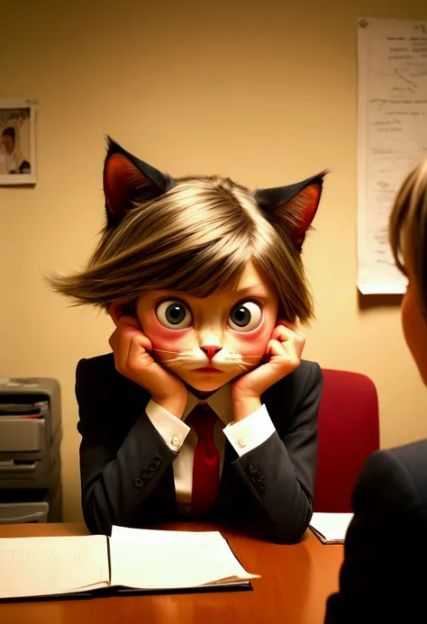 A cat eared girl (age 14, professional bearing, business suit, business hairdo, oversized eyes, struggling to remain calm), she is at a business meeting trying to give a presentation but someone is shining a red dot on the wall.
