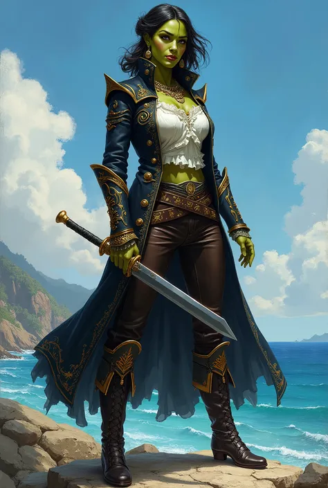 In RPG style, in style of Dungeons & Dragons, in style of fantasy painting. Full body view, looking at the viewer. Image of a beautiful Orc pirate woman holding sabre. Greenish skin. She is dressed in an elaborate pirate captains outfit: a fitted black coa...