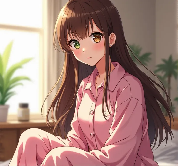 une photo  manga animer ,fille , One green eye and one brown eye ,long brown hair with bangs , Full body dress up in pajamas