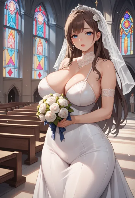  masterpiece,  Best Quality, extreme Detail,  Anatomically correct , Young woman standing alone in a church ,  Young woman wearing a wedding dress with a huge neckline and a wedding veil with a bouquet of flowers, Young woman has big breasts , (70H), ( wid...