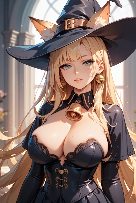  1 girl,  big breasts,  animal ears , Fox Ears, Blonde,  very long hair ,  Witch Uniform,  BELL EARRING,  high res, masterpiece,  is anatomically correct,  top quality ,  high detail,  high image quality model ,  Textured Skin, 