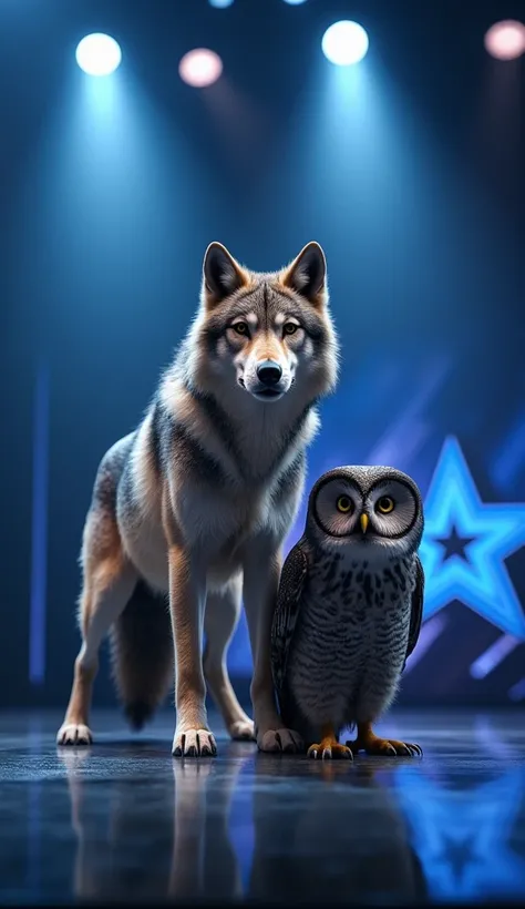 "An ultra-realistic, slightly zoomed-out DSLR shot of a majestic grey wolf standing close to a striking grey owl on the iconic stage of Americas Got Talent. Both have a calm yet commanding presence, looking straight into the camera with composed expression...