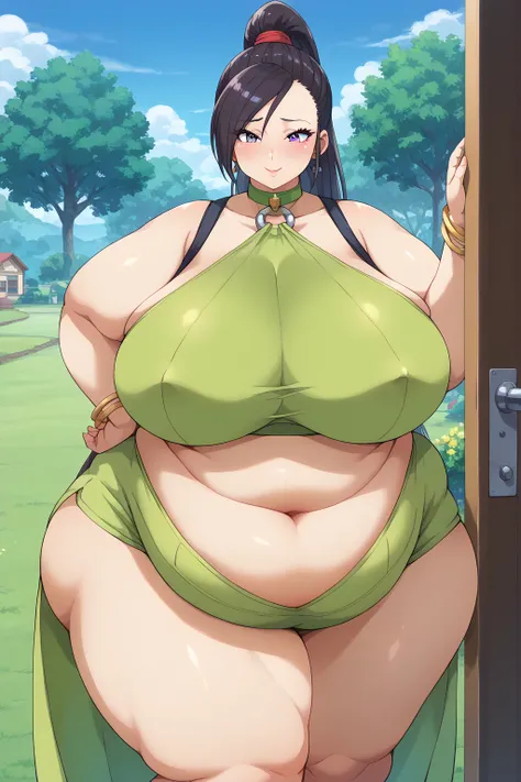 dragon_Quest martina , Martina、 long hair、 ponytail、 purple eyes、 black hair、 shoulder out、  Yellow-green Crop Top、 black spats ,  Yellow-green Choker ,Exposed Navel , Bare Thighs ,milf, obese の中年女性, embarrassing expression , troubled expression,((Outdoor,...