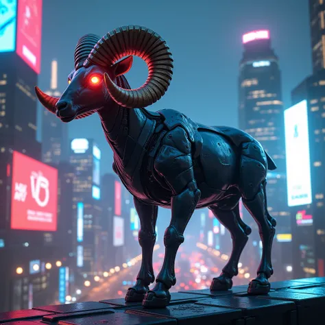 A cybernetic ram with metallic horns and glowing LED eyes, standing on a neon-lit rooftop in a sprawling futuristic city. The background features holographic billboards and towering skyscrapers, emphasizing strength and determination