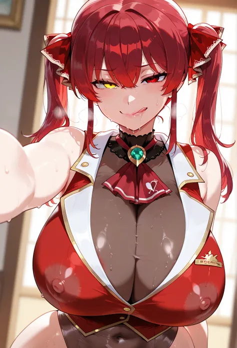 masterpiece, top quality ,  great quality, 1 girl, huge breasts,  facing Boso Marine  (First outfit),  virtual YouTuber,  red eyes, Red Hair,  twin tails, see-through cleavage,  Heterochromia ,  long hair,  watching viewers,   tongues,  see-through leotard...