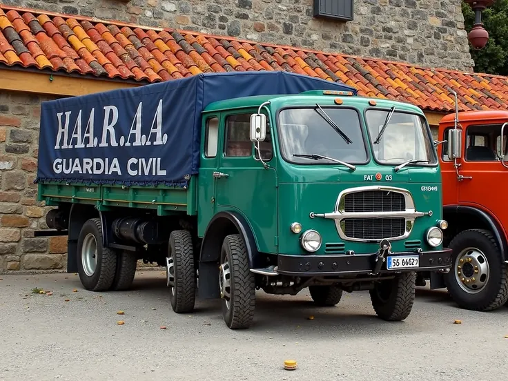  A hyperrealistic conversion image of a vintage Fiat N3 tractor truck, with a Russian defence Air system integrated into the cargo box, bold "GUARDIA CIVIL" lettering emblazoned on the doors, set against a kaleidoscopic, sunset-inspired background with war...