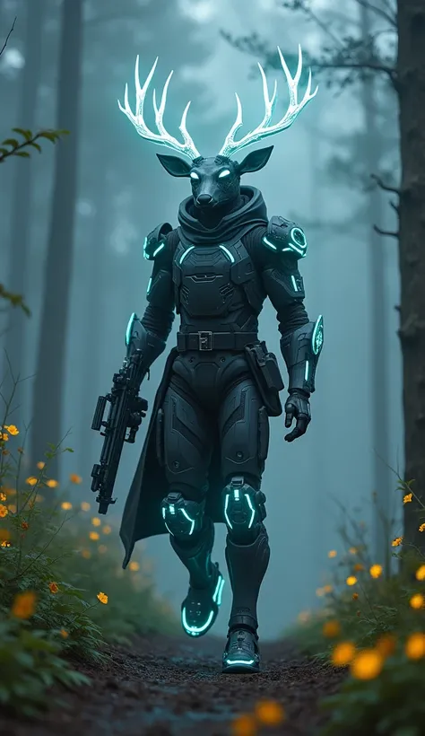 Hyper-realistic image of a humanoid deer hybrid, wearing lightweight armor and equipped for stealth warfare. The hybrid has glowing neon antlers and cybernetic legs designed for high-speed movement. It holds a futuristic crossbow and has a cloak of camoufl...