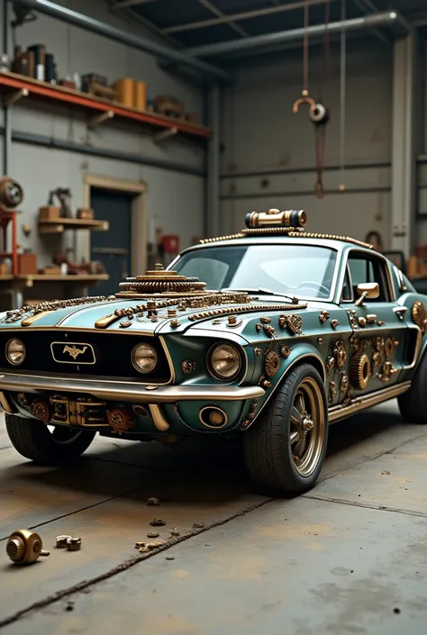 An artistic representation of a 1967 Ford Mustang designed using small mechanical components like screws, nuts, bolts, gears, and chains. The cars structure highlights an industrial, steampunk aesthetic, with visible metallic shine and detailed craftsmansh...