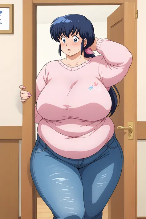 Otonashi Kyoko, Kyoko Otonashi　Maison Ikkoku,  long hair, 紺色の髪,((low ponytail,  pink barrette ribbon)), Dark blue eyes,((  pink sweater , Blue jeans)), Japanese-style room,milf,  embarrassing expression , troubled expression,Huge saggy breasts, sloppy stom...