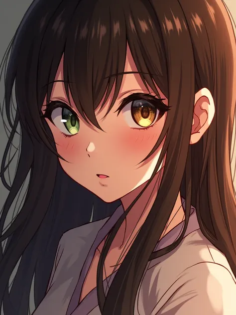 une photo  manga animer ,fille , One green eye and one brown eye ,long brown hair with bangs ,