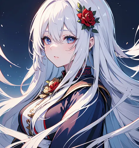 masterpiece,  top quality , ( single focus ), (perfect face:1.1), ( high detail:1.1), ( super detailed eyes), dramatic, 1 person, ( blue-white skin),  long blond hair , (Red Iris), Personal focus, ,  long hair, moon,   knight , Red luxury suit,  plump lips...