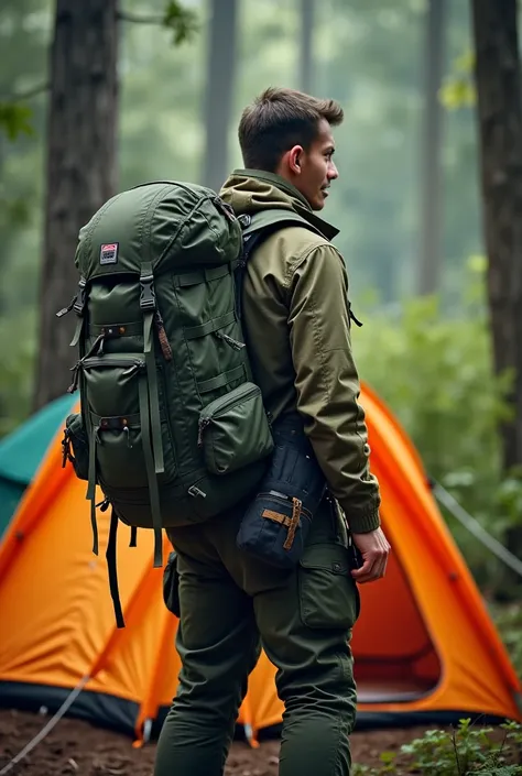 a man with a backpack standing next to a tent, wearing adventure gear, wearing adventuring gear, rugged male ranger, man vs wild, full - body portrait of a ranger, adventure gear, gorgeous jungle ranger, action adventure, rugged male ranger in battle, outd...