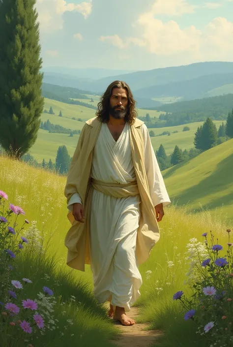 Jesus walking in green pastures 