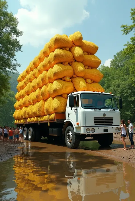 Prompt:
"A surreal and bizarre image of an oversized white truck overloaded with massive, perfectly arranged bright yellow corn cobs. The truck is parked in a shallow muddy area, surrounded by people standing in water, staring in awe at the unusual scene. ...