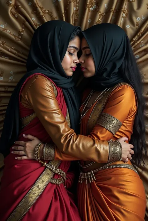 Arab girl wearing hijab, niqab, leather boots and leather jacket laying on kerala hindu girl wearing pattupavada. Both girls are on a royal coat. They are in lesbian hugging.  Arab girls Boots are visible, hindu  girls anklet feet is visible and full body ...