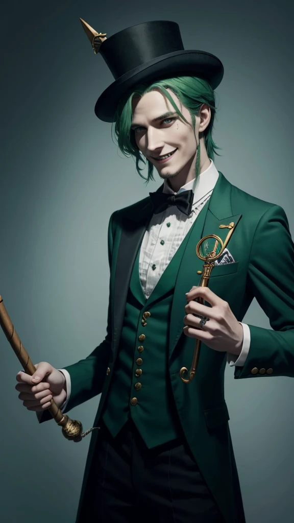 a slender man with a mischievious grin, and green hair, wearing a ring master outfit and holding a cane, Lokii as a circus ringmaster, portrait of Lokii, lokii asgardian god.