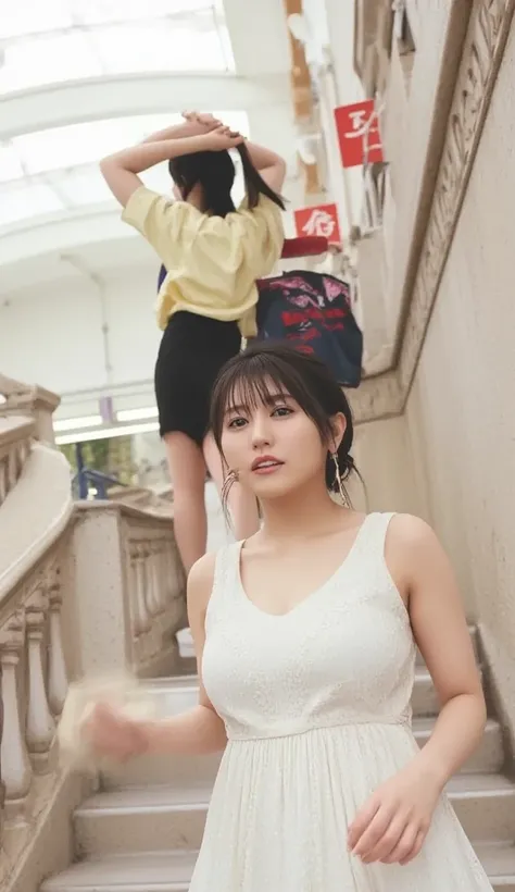 Wearing a dress, Im going down the stairs one step at a time while commuting、 The woman has big breasts and a glamorous body 、The target woman is photographed from below 