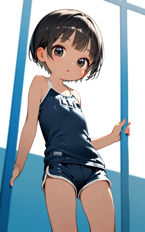 masterpiece,best quality,ultra-detailed,super detailed skin,perfect anatomy,detailed,beautiful detailed eyes,short hair,straight hair,black hair,black eyes,(loli:1.2),petite,flat chests,tom girl
swimsuit tan,tank tops, shorts,dynamic angle,simple backgroun...