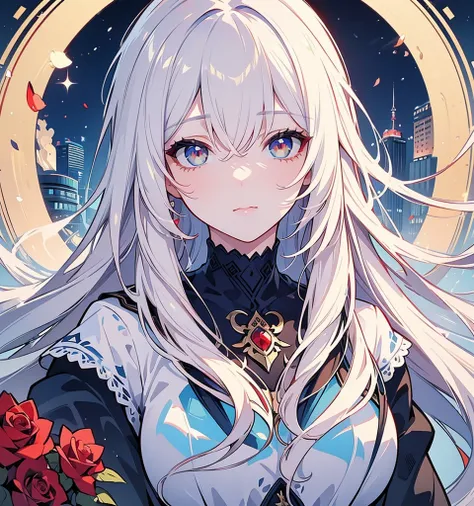 masterpiece,  top quality , ( single focus ), (perfect face:1.1), ( high detail:1.1), ( super detailed eyes), dramatic, 1 person, ( blue-white skin),  long blond hair , (Red Iris), Personal focus, ,  long hair, moon,   knight , Red luxury suit,  plump lips...