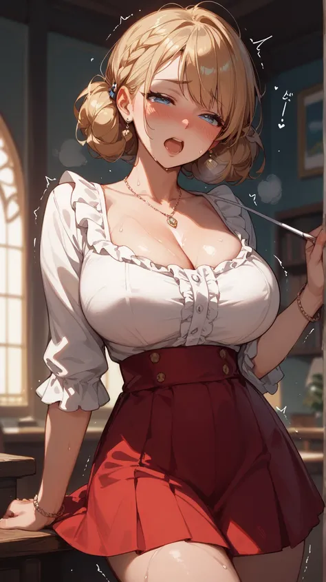  girl poses、 squint、blush one&#39;s cheeks、Half Eye、「 oh 」Open your mouth and pull up your skirt 、Big Breasts、My skin is shiny due to sweat、ruffle dress、Trembling