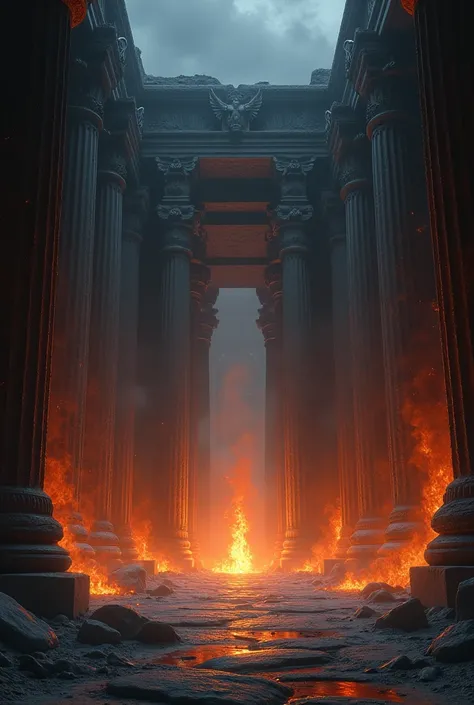 (((HD))), (((8K))), ((( Ultra Definition))), ((( realistic ))) ((temple)), ((ancient)), ((long corridors )) ,  temple of night , Great Temple Pillars of Fire, 