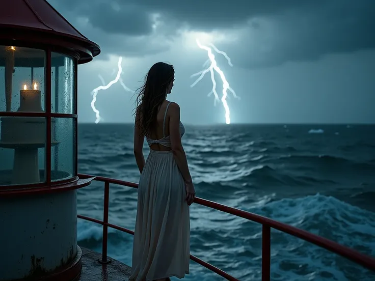 ultra-realistic, photograph, beautiful, low angle, close up of a woman age 40, long flowing hair, long sleeping dress, facing the camera, looking out over the ocean, standing in at the rail of a lighthouse, fresnel lens behind her, stormy sky, lot of wind,...