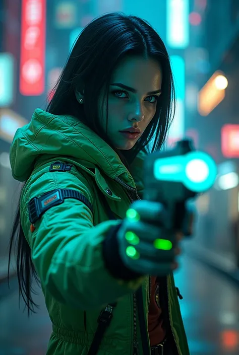 cyberpunk, edgerunner, white woman, black hair, green and blue glowing jacket, glowing blue cybernetics, shooting laser pistol