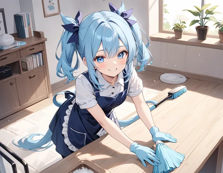  long light blue hair 、 beautiful girl with a twin-tail hairstyle、Doing some cleaning with a smile、 apron、Cleaning tools