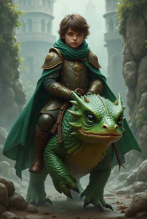  Using that salamander on the right I would like a boy of about  dressed in medieval style to ride it like a rider, with green eyes and half brown hair  